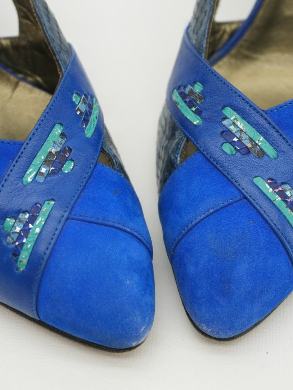 Heels Size 9 Blue Snakeskin Vintage Python Cut Out 80s Italy Pointed Toe Pumps - Picture 7 of 16
